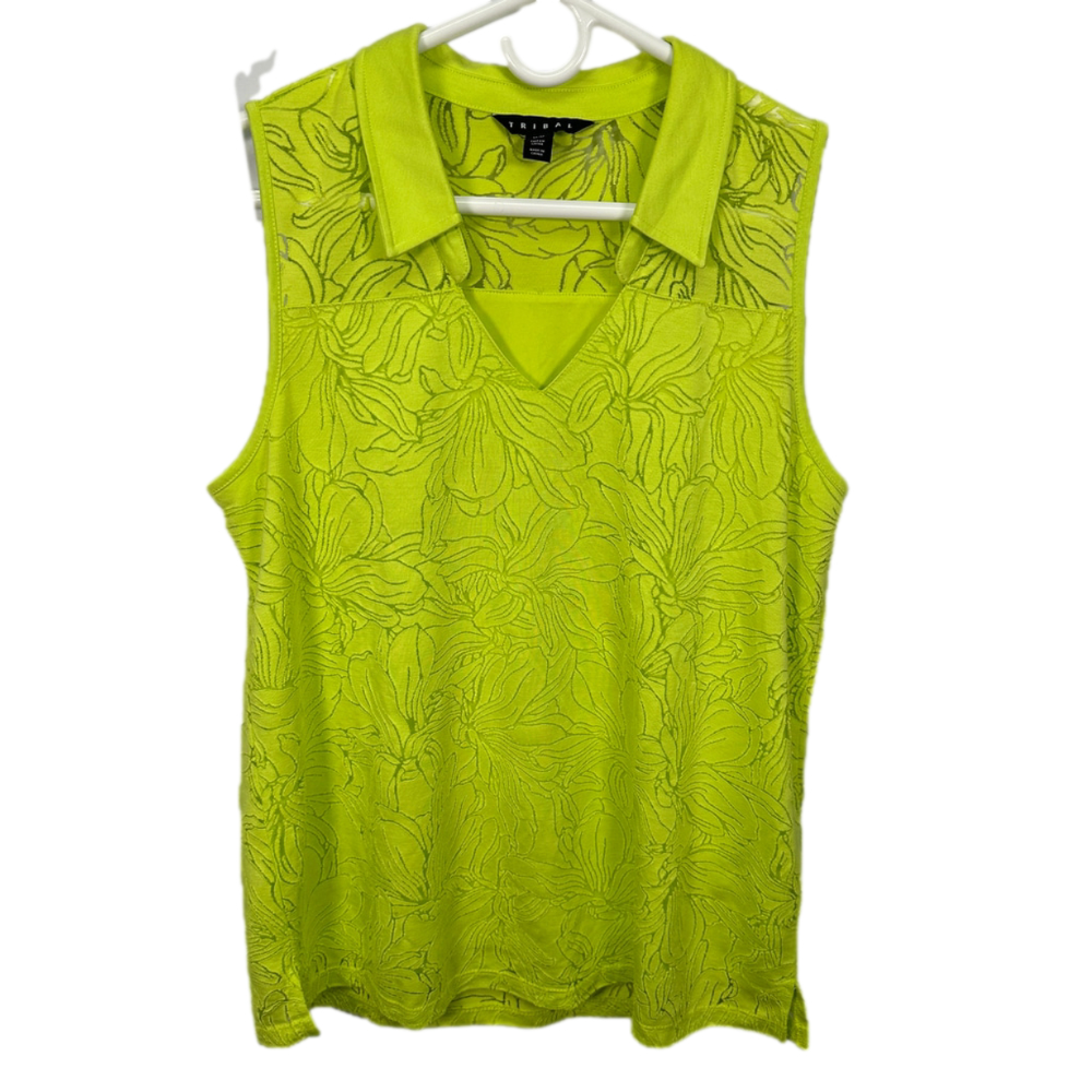 TRIBAL Neon Green Spring Floral Burnout Sleeveless Blouse Medium